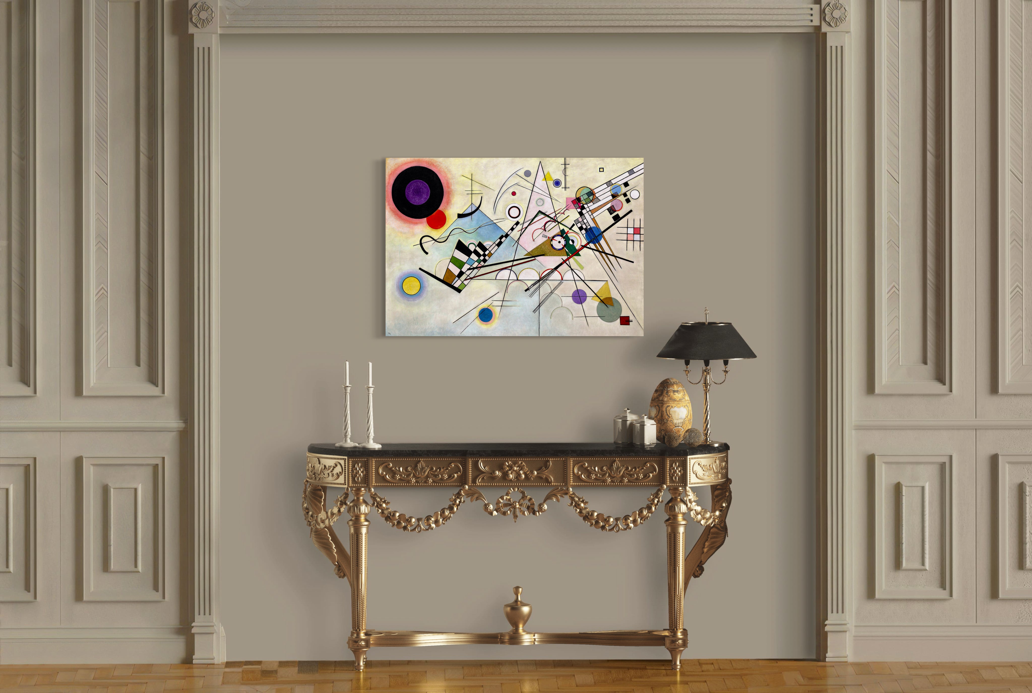 Composition VIII- Painted by Wassily Kandinsky - Circa. 1923. High Quality Polyester Cotton Canvas Print. Ready to be Framed. Available in One Large Size. 70cm X 100cm. Stretched Canvas Option Available in One (1) Large Size - 70cm x 100cm