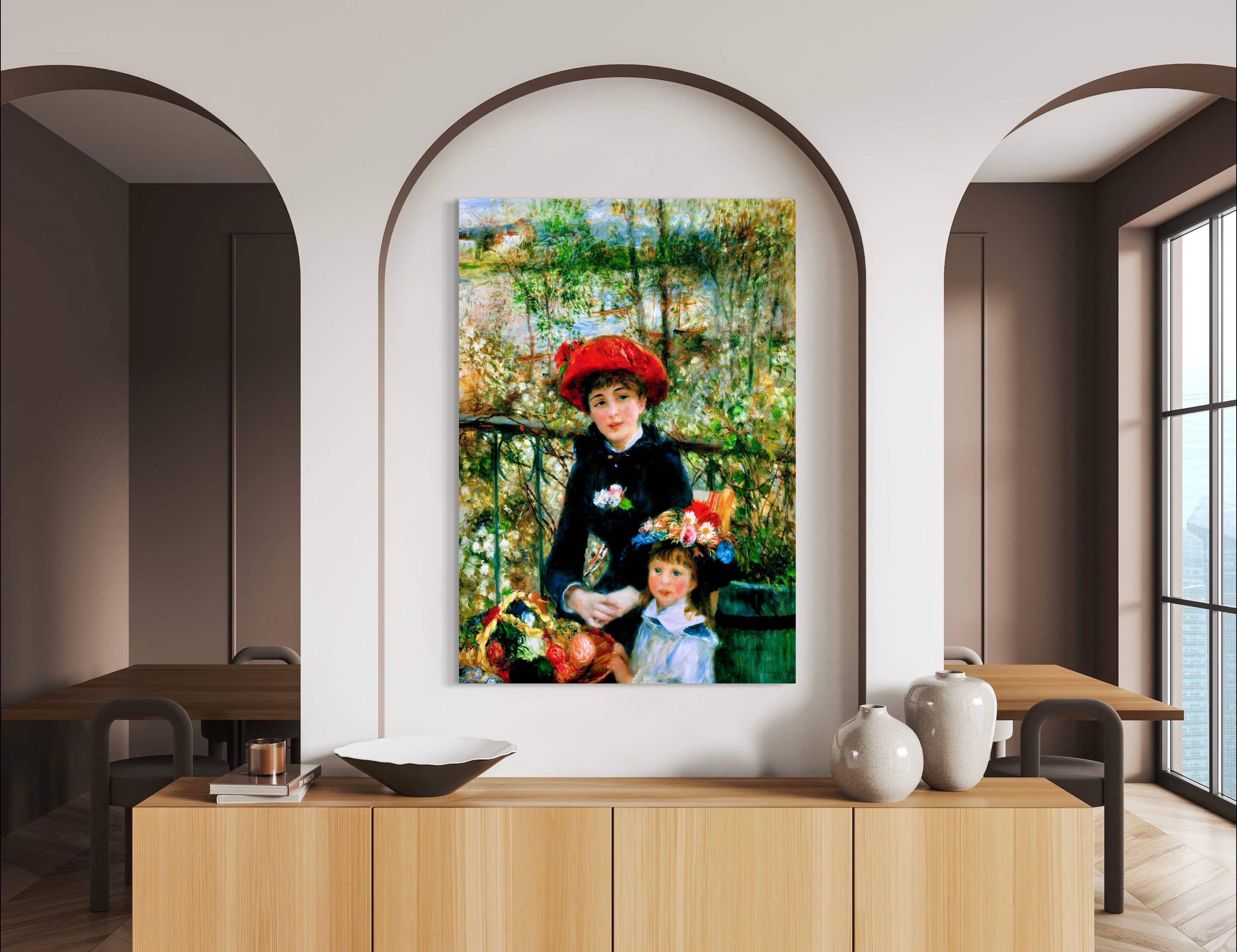 Two Sisters (On the Terrace) - Painted by Pierre-Auguste Renoir - Circa. 1881. High Quality Polyester Cotton Canvas Print. Ready to be Framed. Available in One Large Size. 70cm X 100cm. Stretched Canvas Option Available in One (1) Large Size - 70cm x 100