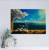 Books to Birds - Painted by Salvador Dali - Circa. 1931. High Quality Polyester Cotton Canvas Print. Rolled Canvas Available in 3 Sizes - Small, Medium, or Large. Stretched Canvas Option Available in One (1) Large Size - 70cm x 100cm.