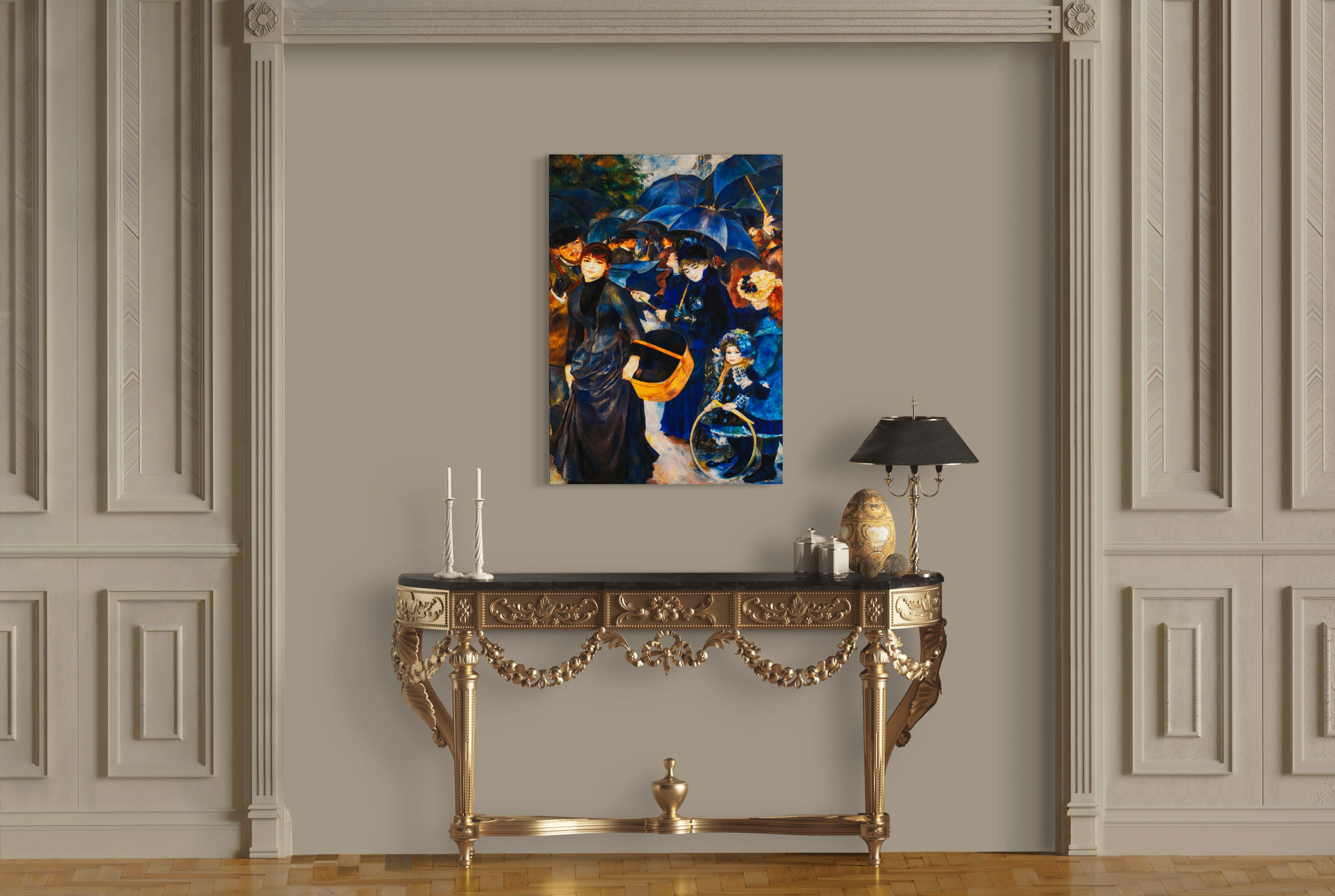 The Umbrellas - Painted by Pierre-Auguste Renoir - Circa. 1880. High Quality Polyester Cotton Canvas Print. Rolled Canvas Available in 3 Sizes - Small, Medium, or Large. Stretched Canvas Option Available in One (1) Large Size - 70cm.