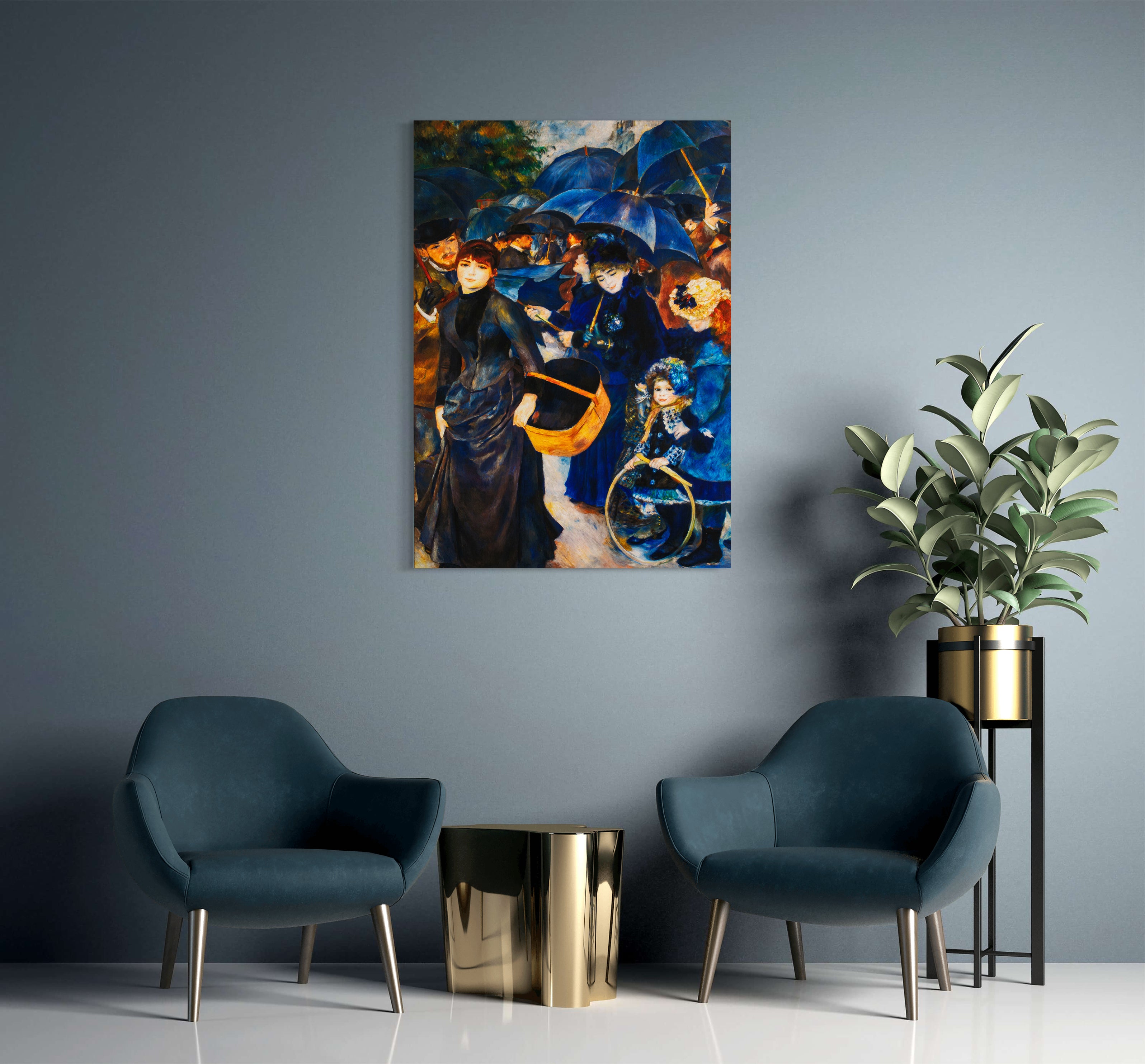 The Umbrellas - Painted by Pierre-Auguste Renoir - Circa. 1880. High Quality Polyester Cotton Canvas Print. Rolled Canvas Available in 3 Sizes - Small, Medium, or Large. Stretched Canvas Option Available in One (1) Large Size - 70cm.