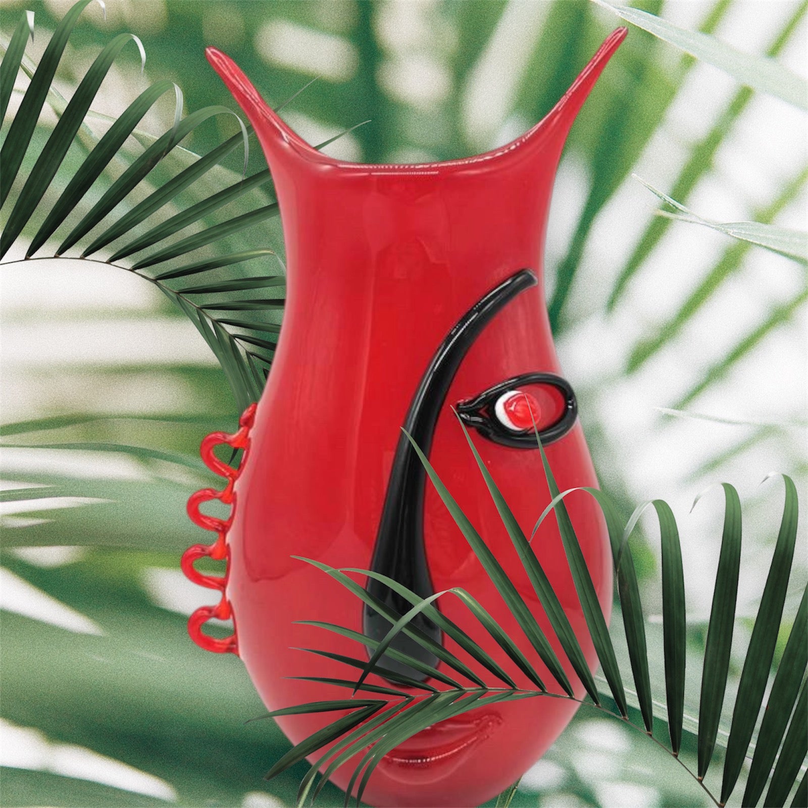 Art Deco “Red Head” Hand Blown Murano Style 'Zibo' Glass Sculptured Flower Vase - Inspired by Pablo Picasso Cubist Design - 33cm Height