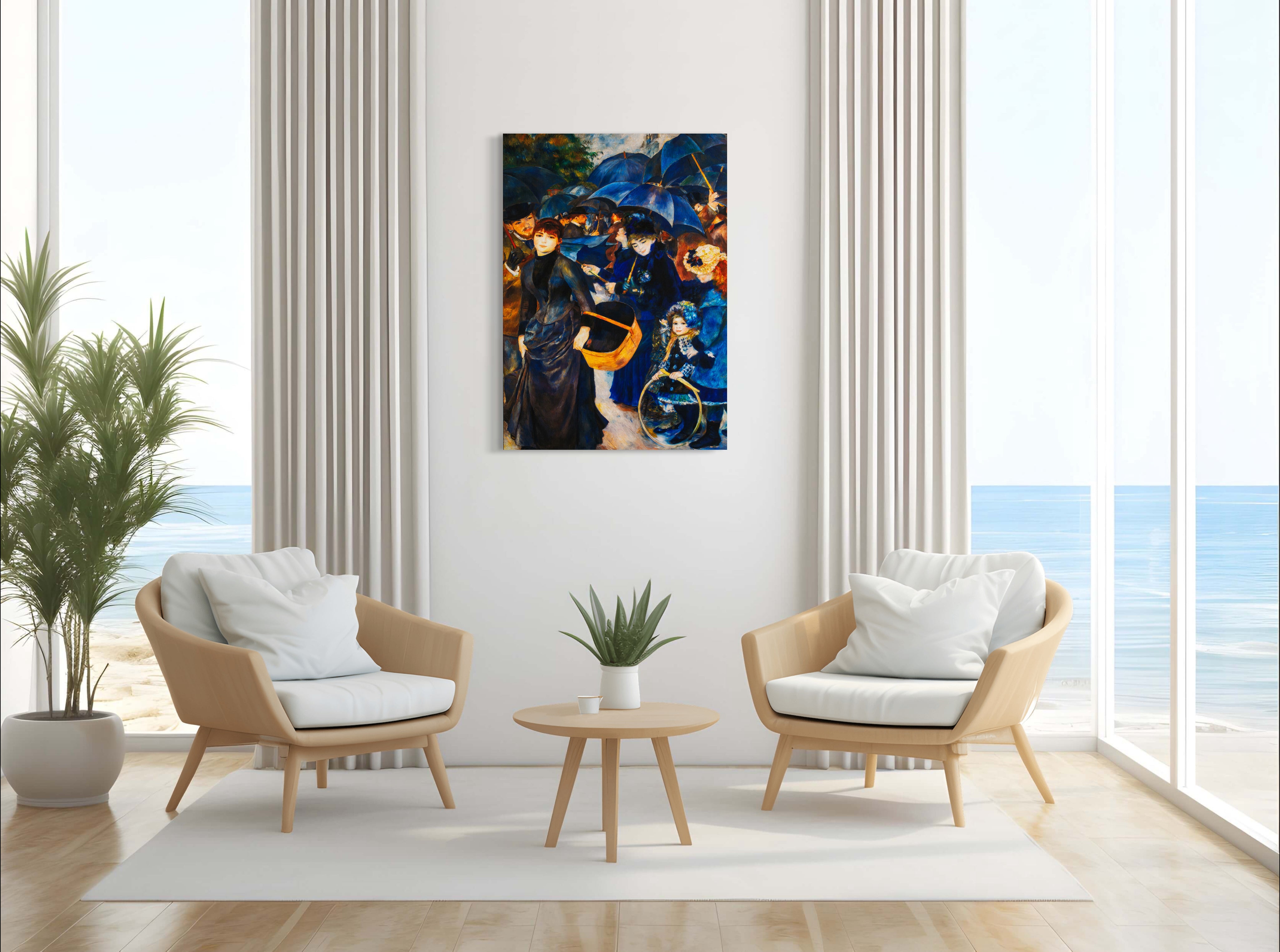 The Umbrellas - Painted by Pierre-Auguste Renoir - Circa. 1880. High Quality Polyester Cotton Canvas Print. Rolled Canvas Available in 3 Sizes - Small, Medium, or Large. Stretched Canvas Option Available in One (1) Large Size - 70cm.