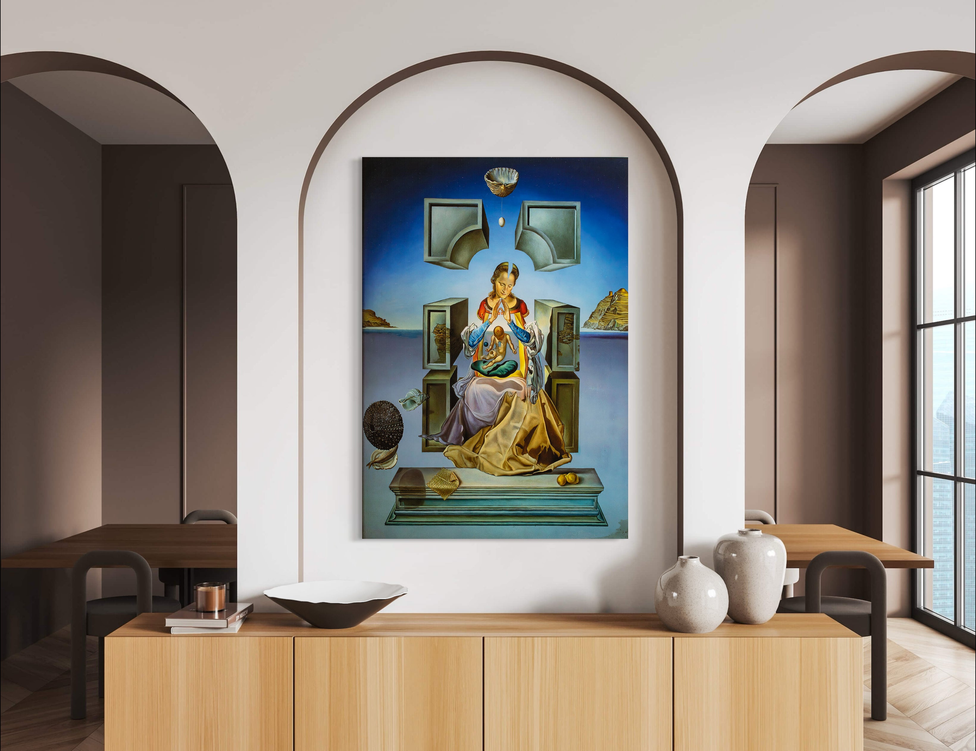 The Madonna of Port Lligat - Painted by Salvador Dali - Circa. 1949. High Quality Polyester Cotton Canvas Print. Ready to be Framed or Mounted. Available in 3 Sizes - Small - Medium or Large.
