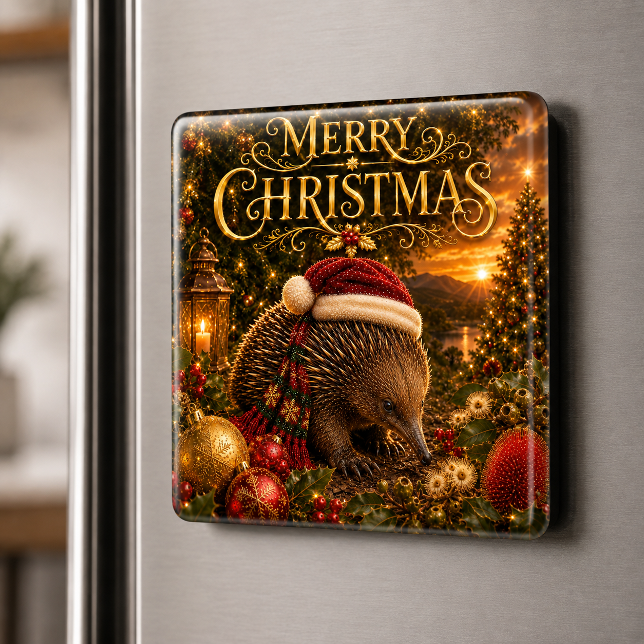 Merry Christmas Echidna – Australian Christmas Glass Fridge Magnet. One of Australia's Most Extraordinary Native Animals Becomes an Irresistible Christmas Character in our Christmas Echidna Design.