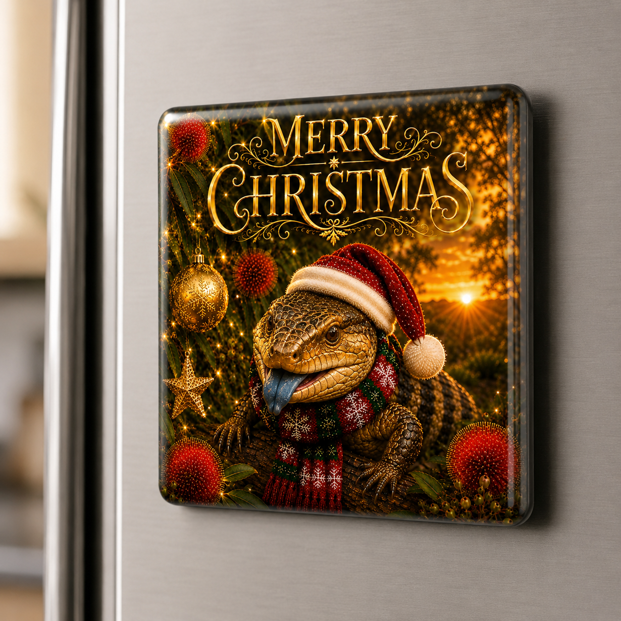 Merry Christmas Blue-Tongue Lizard – Australian Christmas Glass Fridge Magnet. Unexpected, Characterful and Unmistakably Australian, our Christmas Blue-Tongue Lizard is One of the Most Distinctive Designs in the Collection.
