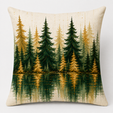 Enchanted Evergreen Forest — Plush Velvet Cushion. A Serene Forest of Emerald and Golden Christmas Trees is Reflected Across Still Water Against a Soft Ivory Background. Elegant and Contemporary, This Lighter Design Provides a Beautiful Contrast.