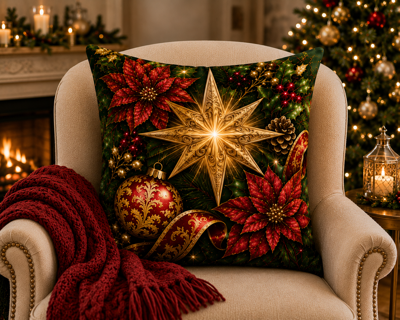 Star of Christmas — Plush Velvet Cushion
A Magnificent Ornamental Golden Christmas Star Radiates From the Centre of this Dramatic Design, Surrounded by Crimson Poinsettias, Holly, Berries, Pinecones, Baubles and Richly Patterned Ribbon. Simply Beautiful.