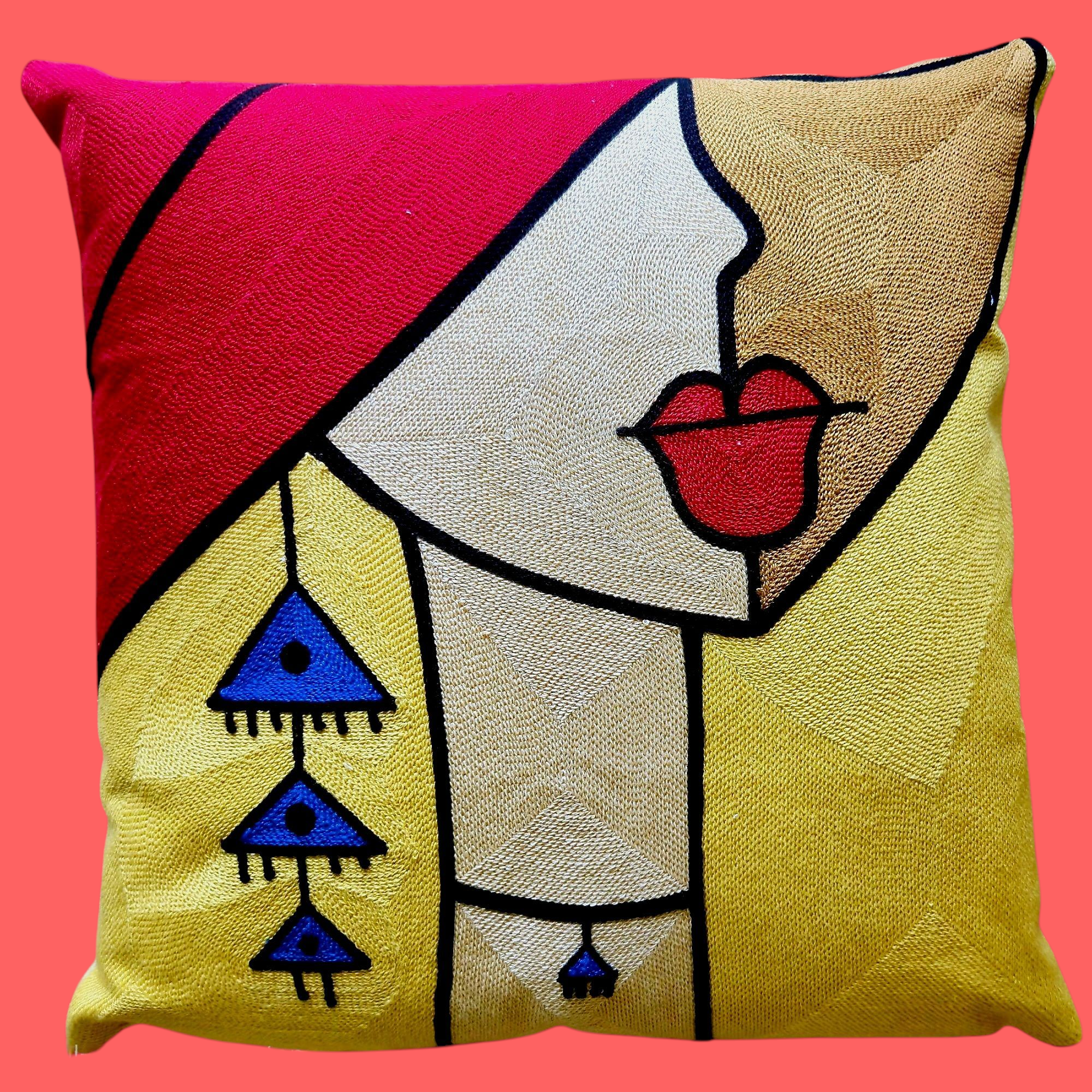 Cubist Lips Artwork - Embroided Cotton Cushion Cover - Large 50cm Size. Suitable for Luxurious Indoor Settings.