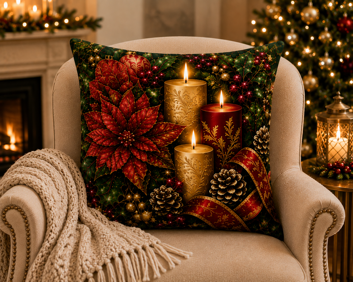 Christmas by Candlelight — Plush Velvet Cushion
Glowing Red and Gold Candles Illuminate a Luxurious Arrangement of Poinsettias, Holly, Berries, Pinecones and Sweeping Decorative Ribbon.