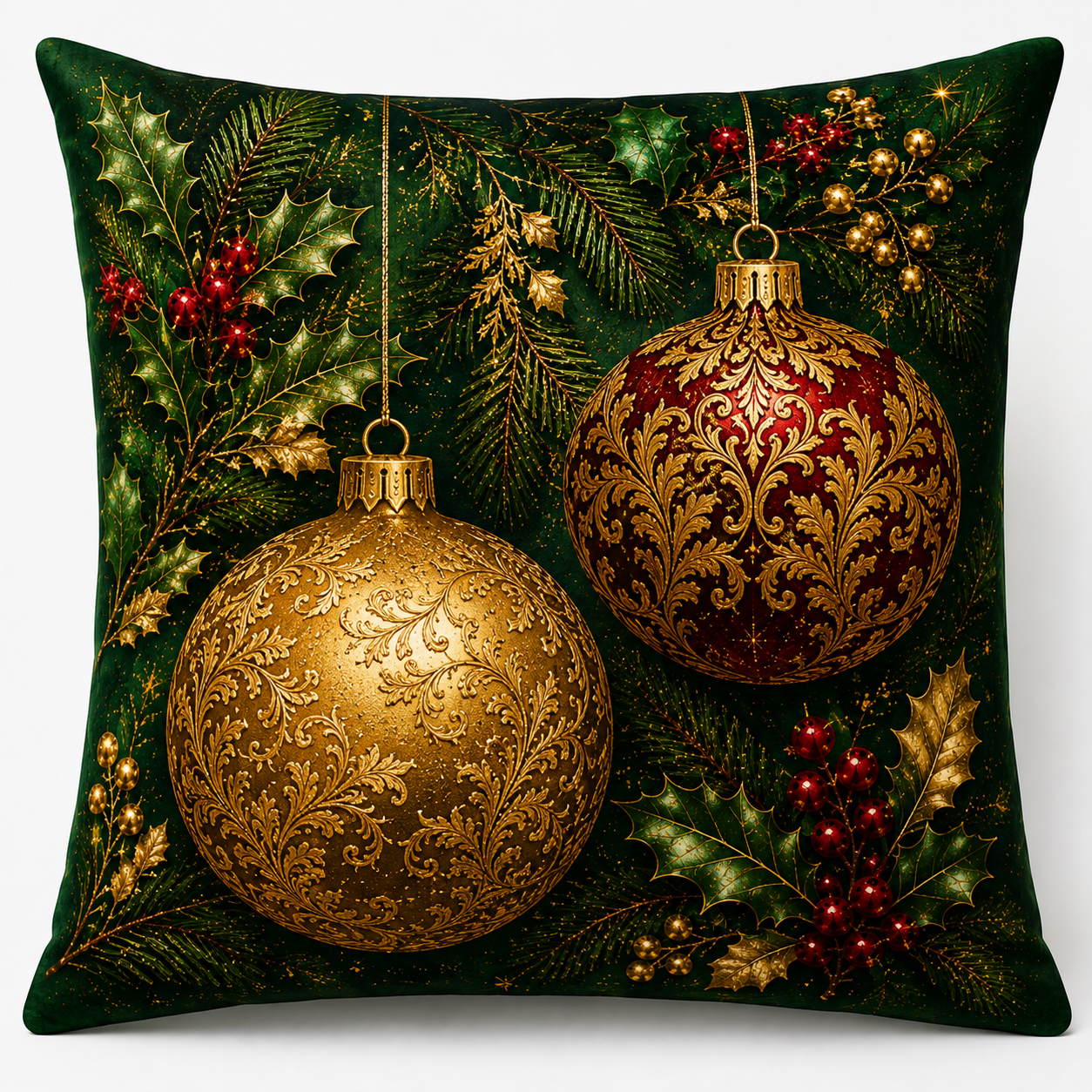 Regal Christmas Baubles — Plush Velvet Cushion
Rich Emerald Green Provides the Backdrop for Magnificent Red and Gold Christmas Baubles Embellished with Intricate Golden Detailing, Surrounded by Holly, Berries and Evergreen Foliage.
