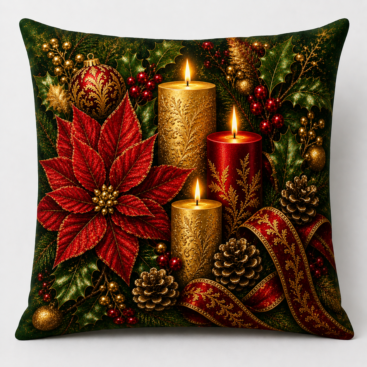 Christmas by Candlelight — Plush Velvet Cushion
Glowing Red and Gold Candles Illuminate a Luxurious Arrangement of Poinsettias, Holly, Berries, Pinecones and Sweeping Decorative Ribbon.