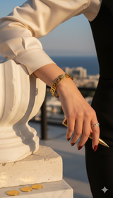 Medusa Aeterna Bracelet. Bold. Timeless. Captivating. This striking cuff features the iconic Medusa medallion centered between the legendary Greek Key motif. Crafted from durable stainless steel and richly plated in 21k gold.