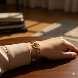 Medusa Aeterna Bracelet. Bold. Timeless. Captivating. This striking cuff features the iconic Medusa medallion centered between the legendary Greek Key motif. Crafted from durable stainless steel and richly plated in 21k gold.