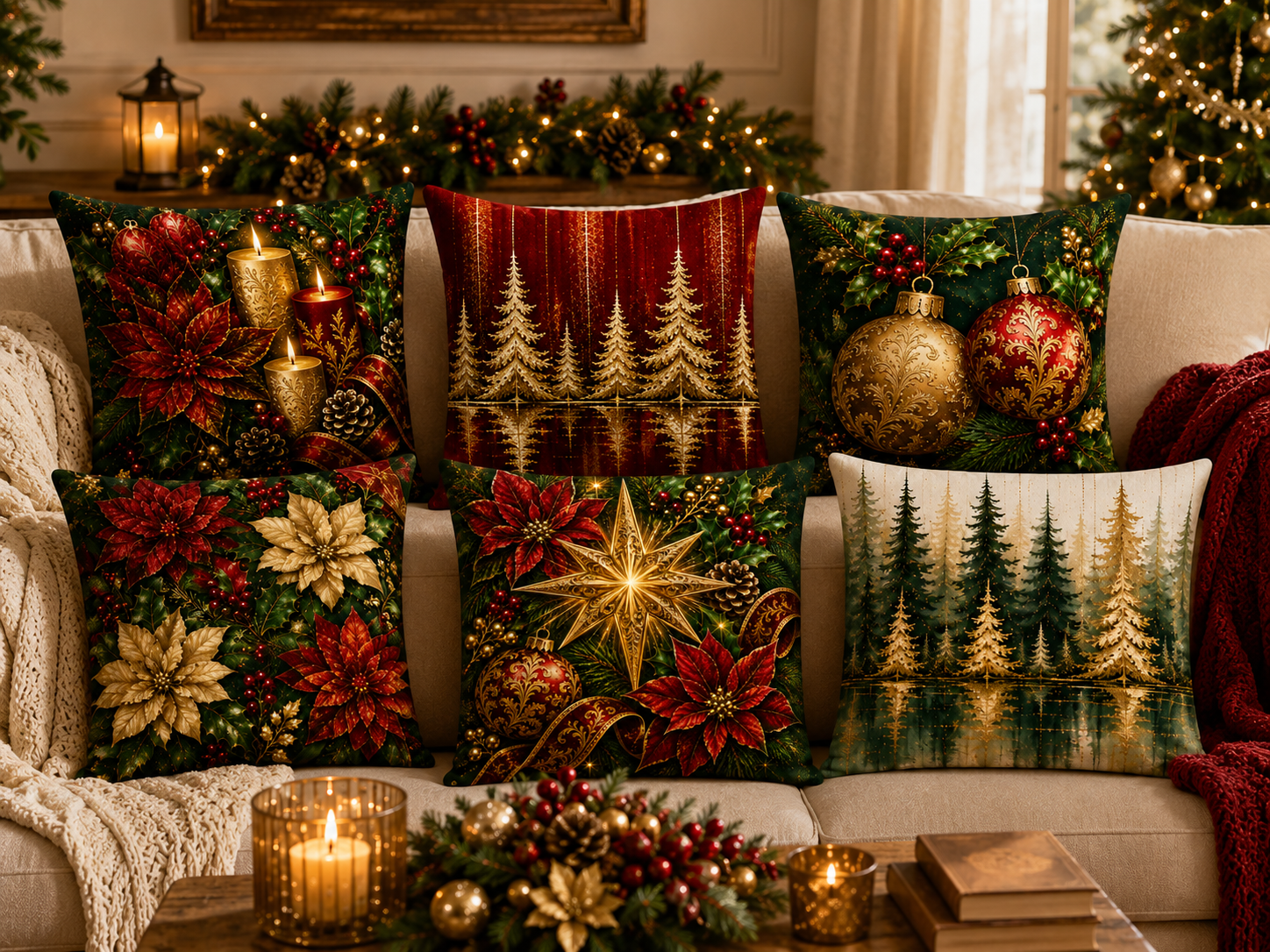 Golden Christmas Forest — Plush Velvet Cushion
A Striking Christmas Landscape of Shimmering Golden Fir Trees Set Against a Rich Crimson Background, Beautifully Reflected Below. Warm, Dramatic and Unmistakably Festive.