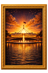 Parliament House of Australia “The Heart of a Nation, Defined by Vision and Balance.” Premium Gold Patinated Frame. Ready to Hang! Stunning Designer Statement! Available in 2 Sizes - Small & Large.