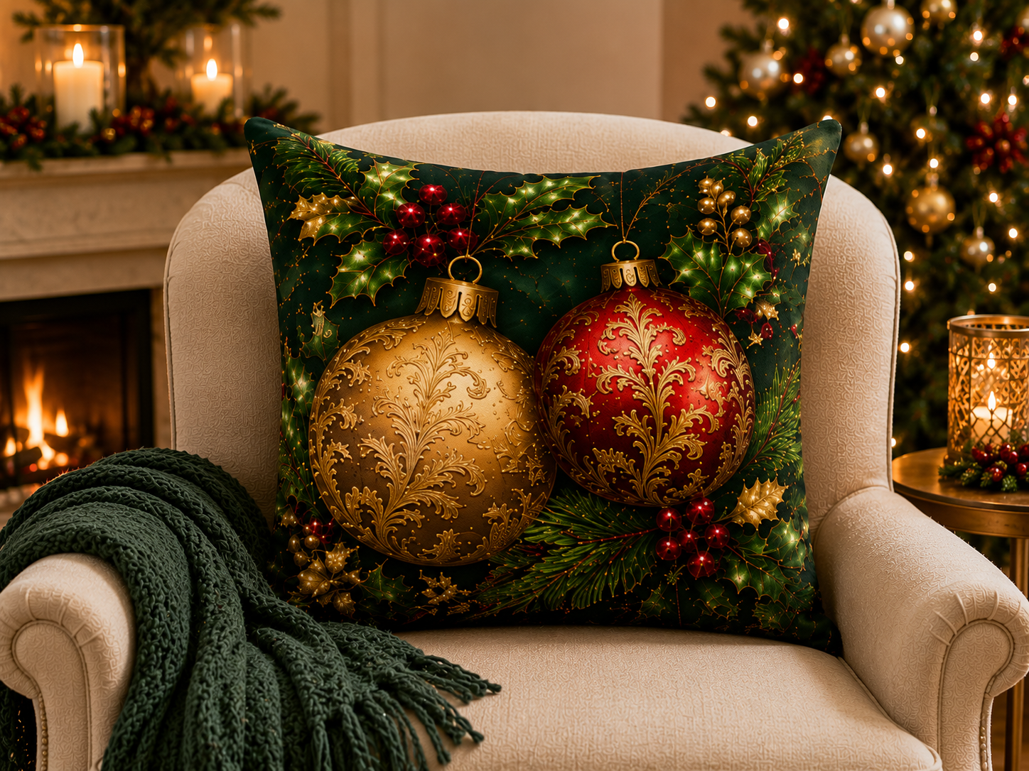 Regal Christmas Baubles — Plush Velvet Cushion
Rich Emerald Green Provides the Backdrop for Magnificent Red and Gold Christmas Baubles Embellished with Intricate Golden Detailing, Surrounded by Holly, Berries and Evergreen Foliage.