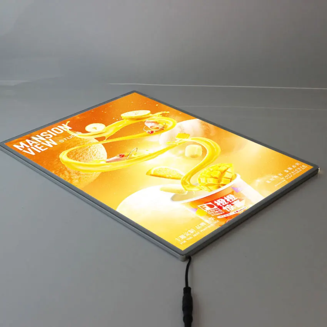 GlowBoard Pro™ Ultra-Thin LED Display – Black Edition. A1, A2, A3 & A4 Customized Advertising Ultra-Thin Glass LED & Super Light Boxes. Super Bright Rectangle Menu Poster Frame Light Box. 240V Wired Version. Wall Mounted or Desktop Stand Versions.
