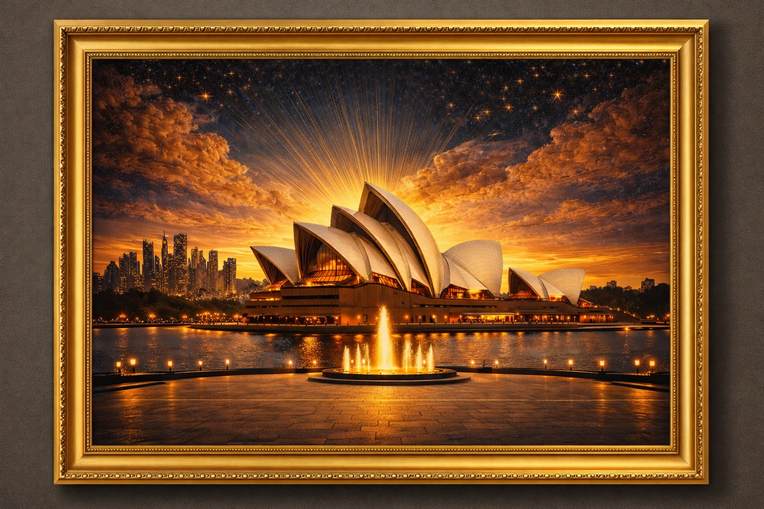 Sydney Opera House “Where Light, Form, and Imagination Converge.”. Premium Gold Patinated Frame. Ready to Hang! Stunning Designer Statement! Available in 2 Sizes - Small & Large.