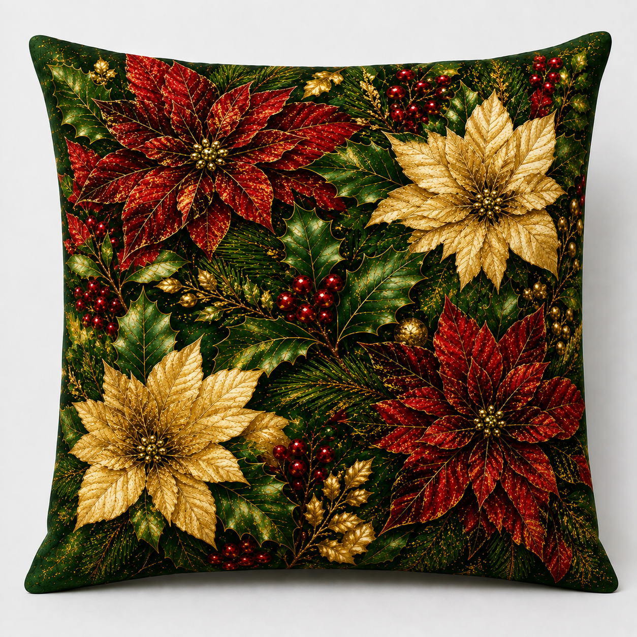 Christmas Poinsettia Garden — Plush Velvet Cushion. A Sumptuous Arrangement of Deep Crimson and Luminous Gold Poinsettias Nestled Amongst Emerald Holly, Berries and Evergreen Foliage.