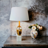 ‘Gropius’ Gold Brass Embossed over White Crystal & Marble Base Table Lamp - Only 2 Left!