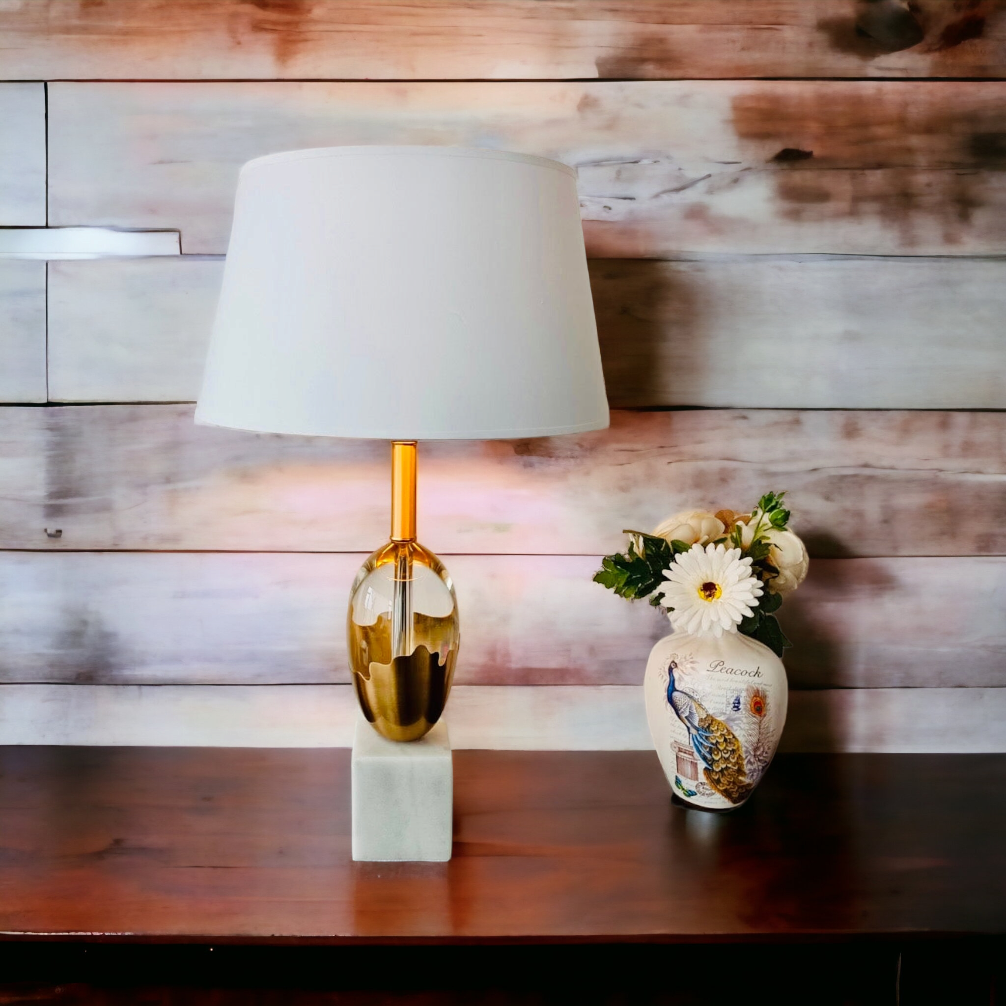 ‘Gropius’ Gold Brass Embossed over White Crystal & Marble Base Table Lamp - Only 2 Left!