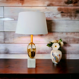 ‘Gropius’ Gold Brass Embossed over White Crystal & Marble Base Table Lamp - Only 2 Left!