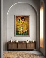 ‘Kiss’ - Painted by Gustav Klimt - Circa. 1908. Premium Gold Patinated Frame. Ready to Hang! Stunning Designer Statement! Available in 2 Sizes - Small & Large.