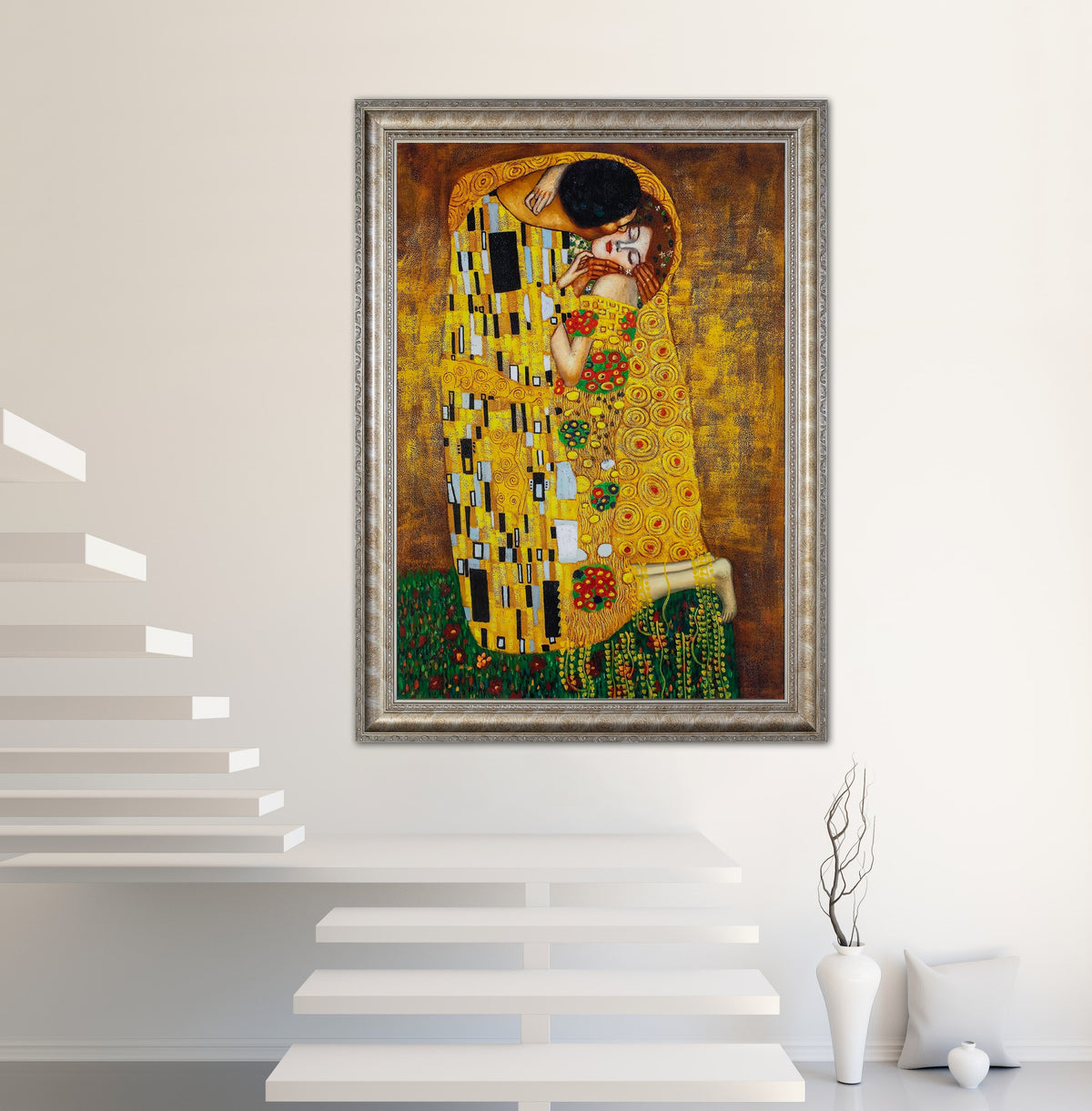 ‘Kiss’ - Painted by Gustav Klimt - Circa. 1908. Premium Gold Patinated Frame. Ready to Hang! Stunning Designer Statement! Available in 2 Sizes - Small & Large.