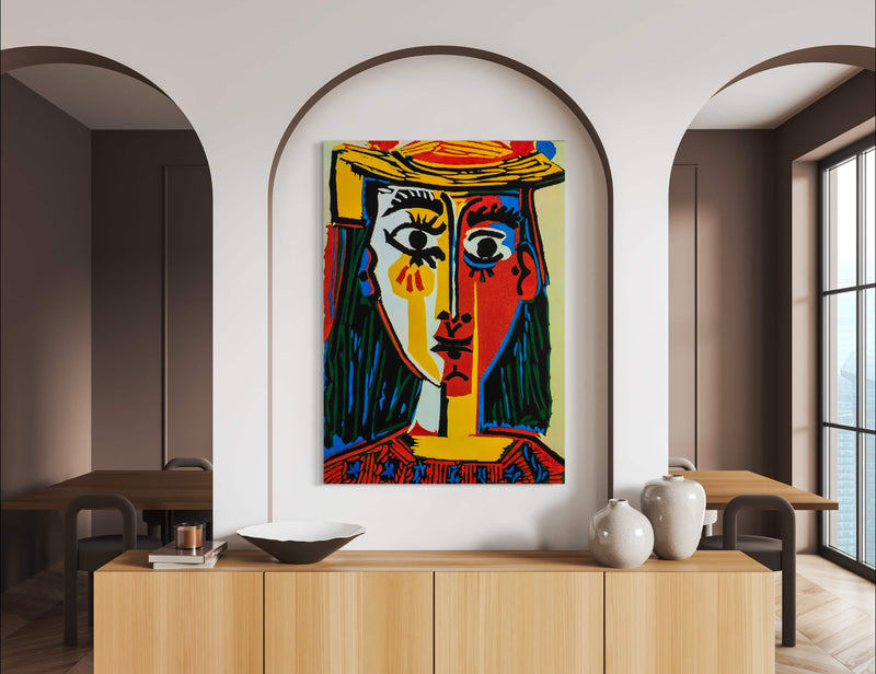 Head of a Woman in a Hat - Painted by Pablo Picasso - Circa. 1960. High Quality Polyester Cotton Canvas Print. Rolled Canvas Available in 3 Sizes - Small, Medium, or Large. Stretched Canvas Option Available in One (1) Large Size - 70cm x 100cm.