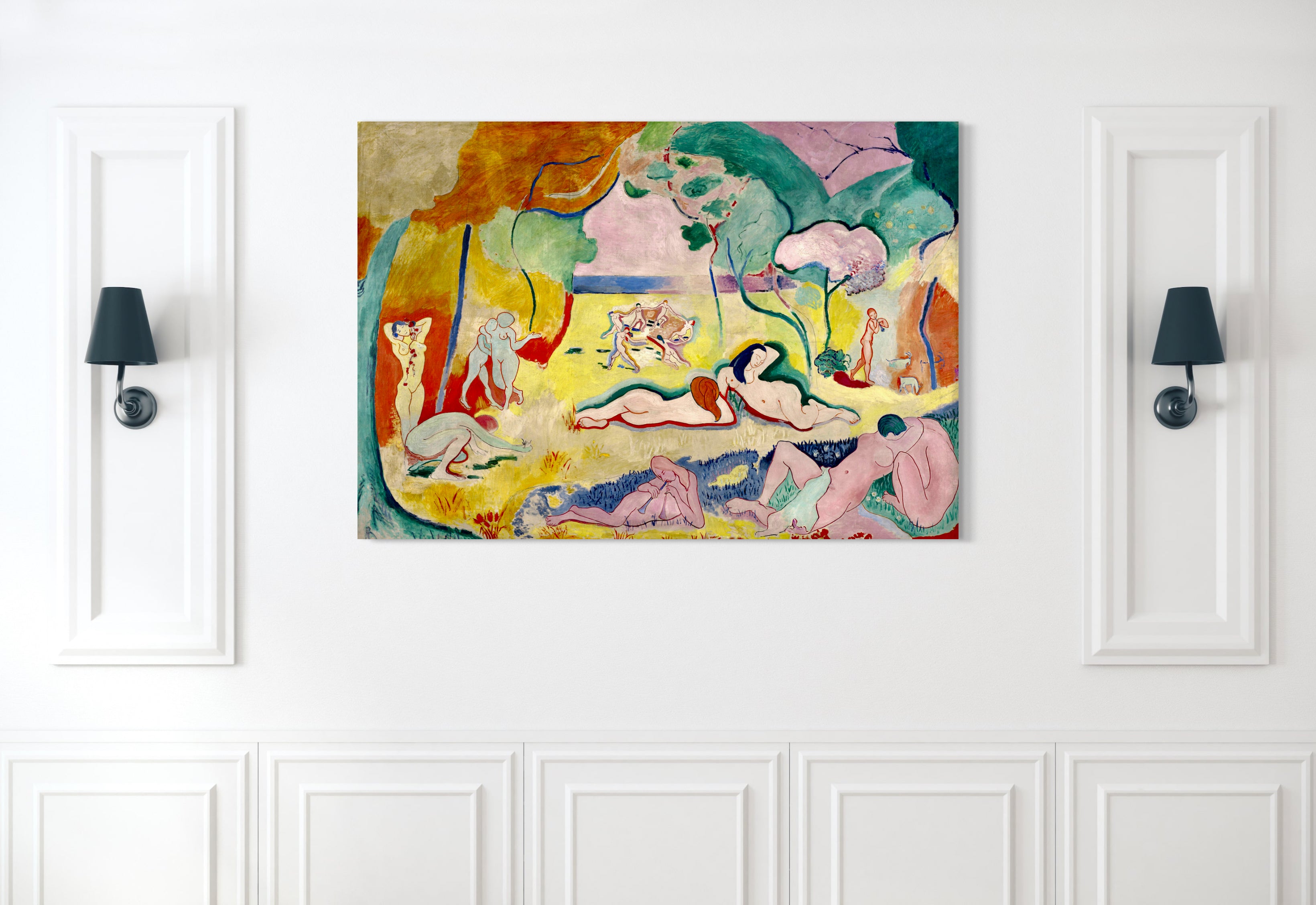 The Joy of Life - Painted by Henry Matisse - Circa. 1939. High Quality Polyester Cotton Canvas Print. Ready to be Framed or Mounted. Available in One (1) Large Size. 70cm X 100cm. Stretched Canvas Option Available in One (1) Large Size - 70cm x 100cm.