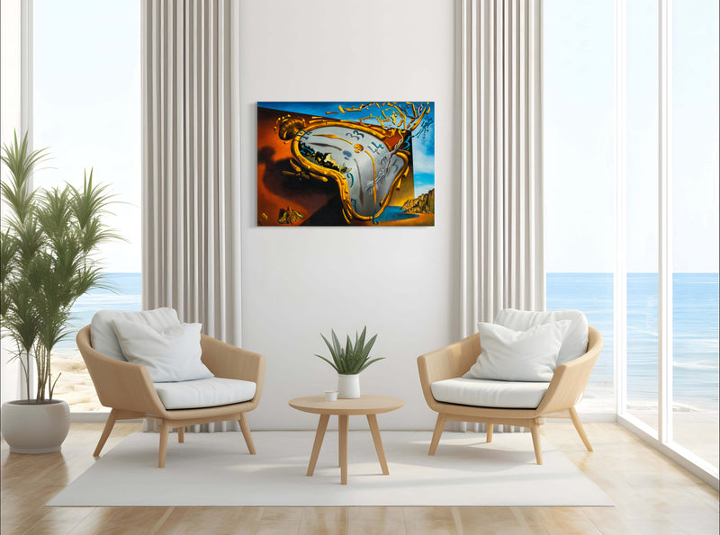 Morphed Timepiece - Painted by Salvador Dali - Circa. 1931. High Quality Polyester Cotton Canvas Print. Rolled Canvas Available in 3 Sizes - Small, Medium, or Large. Stretched Canvas Option Available in One (1) Large Size - 70cm x 100cm.