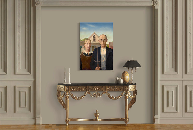 American Gothic - Painted by Grant Wood - Circa. 1930. High Quality Polyester Cotton Canvas Print. Ready to be Framed or Mounted. Available in One Large Size. 70cm X 100cm. Stretched Canvas Option Available in One (1) Large Size - 70cm x 100cm.