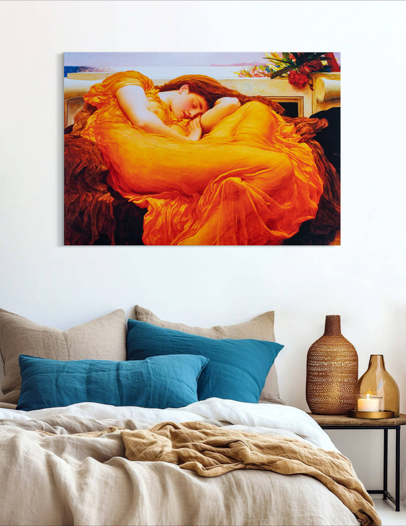 Flaming June - Painted by Frederic Leighton - Circa. 1895. High Quality Polyester Cotton Canvas Print. Rolled Canvas Available in 3 Sizes - Small, Medium, or Large. Stretched Canvas Option Available in One (1) Large Size - 70cm x 100cm.