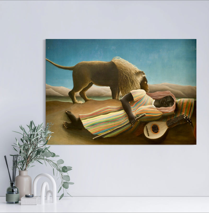 The Sleeping Gypsy - Painted by Henri Rousseau - Circa. 1897. High Quality Polyester Cotton Canvas Print. Ready to be Framed or Mounted. Available in One Large Size. 70cm X 100cm. Stretched Canvas Option Available in One (1) Large Size - 70cm x 100cm.