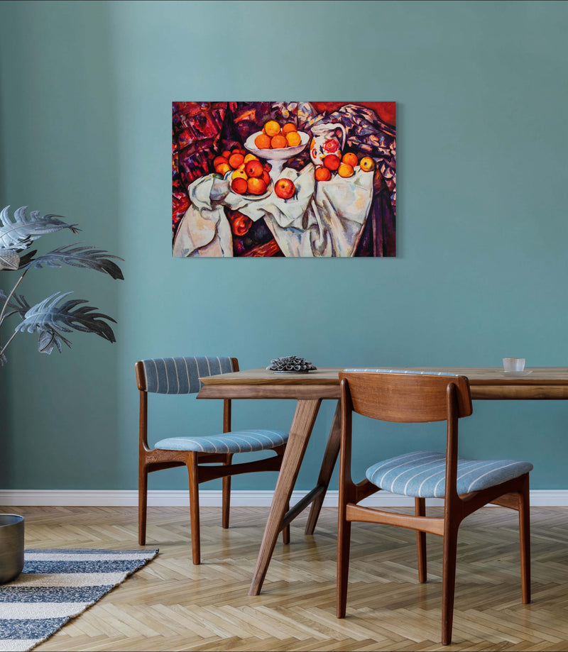 Still Life with Apples and Oranges - Painted by Paul Cezzane - Circa. 1884. High Quality Polyester Cotton Canvas Print. Ready to be Framed or Mounted. Available in 3 Sizes - Small - Medium or Large.