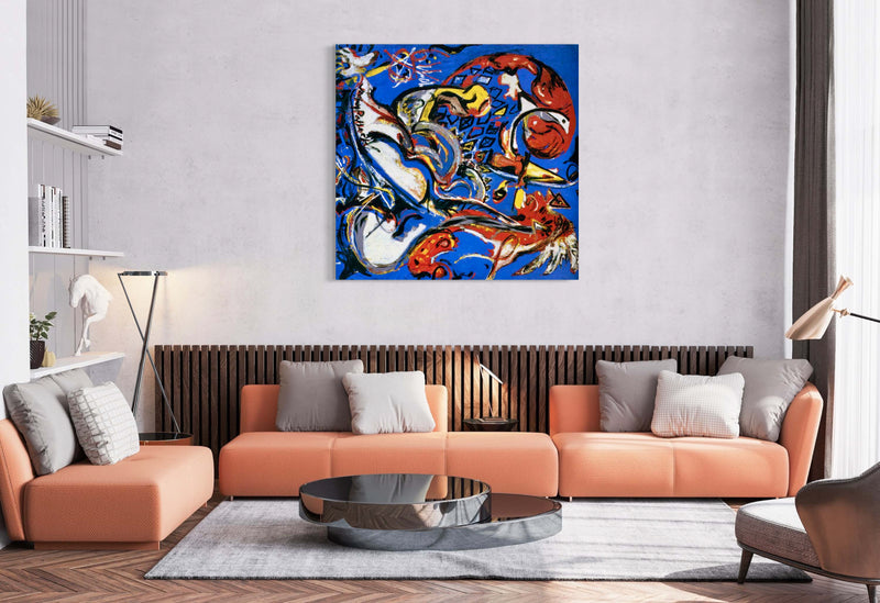 The Moon-Woman Cuts the Circle - Painted by Jackson Pollock - Circa. 1943. High Quality 'Stretched' Polyester Cotton Canvas Print. Mounted on Wooden Inner Frame. Ready to Hang. Available in One (1) Large Size - 100cm x 100cm.