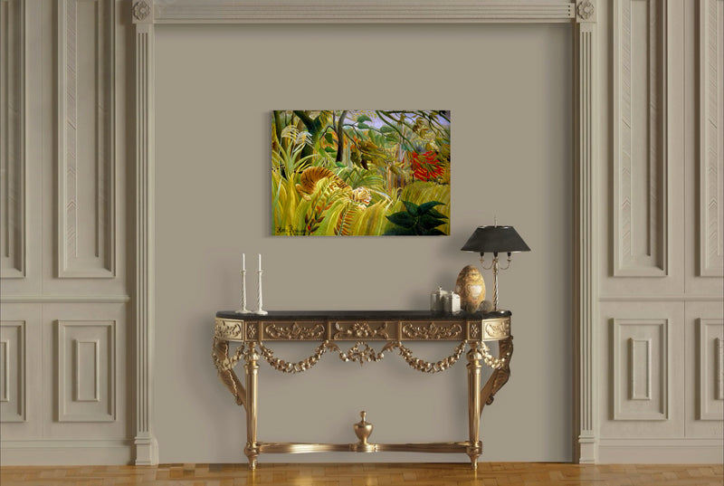 Tiger in a Tropical Storm - Painted by Henri Rousseau - Circa. 1891. High Quality Polyester Cotton Canvas. Ready to be Framed or Mounted. Available in One Large Size. 70cm X 100cm. Stretched Canvas Option Available in One (1) Large Size - 70cm x 100cm.