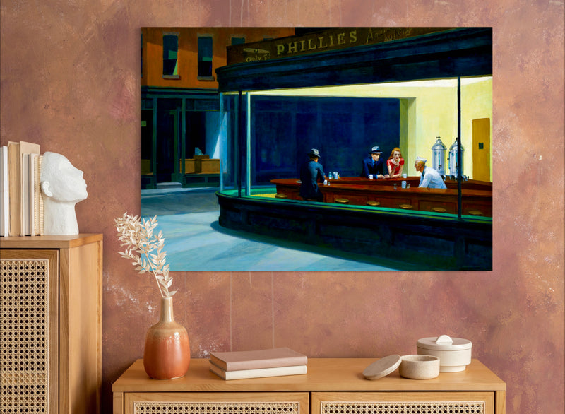 Nighthawks - Painted by Edward Hopper - Circa. 1942. High Quality Polyester Cotton Canvas Print. Rolled Canvas Available in 3 Sizes - Small, Medium, or Large. Stretched Canvas Option Available in One (1) Large Size - 70cm x 100cm.