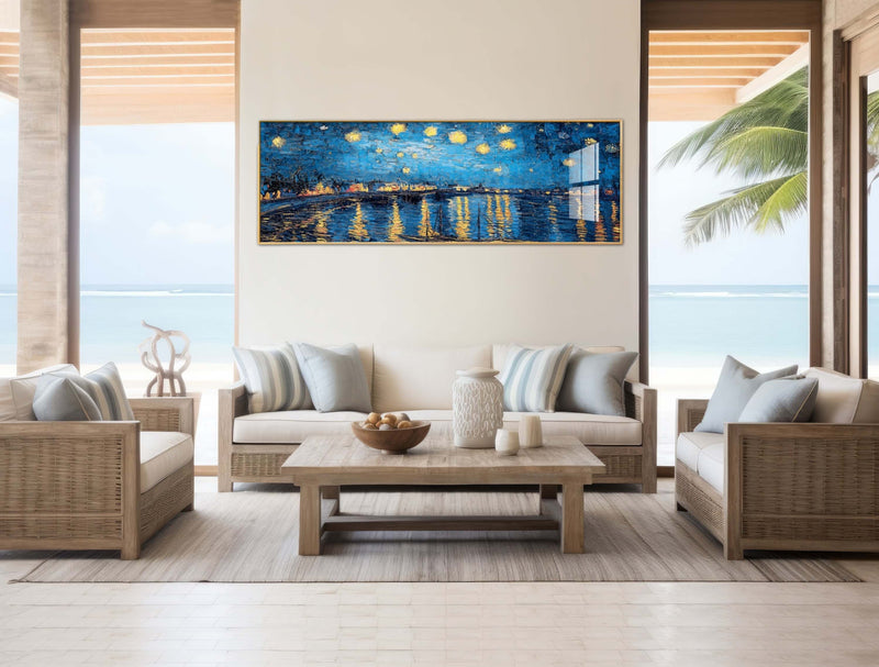 Crystal Porcelain Artwork - 'Starry Night Over The Rhone' by Van Gogh - Extra Large Size - 70cm X 210cm. Ready to Hang. Bold & Beautiful Designer Statement.