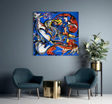 The Moon-Woman Cuts the Circle - Painted by Jackson Pollock - Circa. 1943. High Quality 'Stretched' Polyester Cotton Canvas Print. Mounted on Wooden Inner Frame. Ready to Hang. Available in One (1) Large Size - 100cm x 100cm.