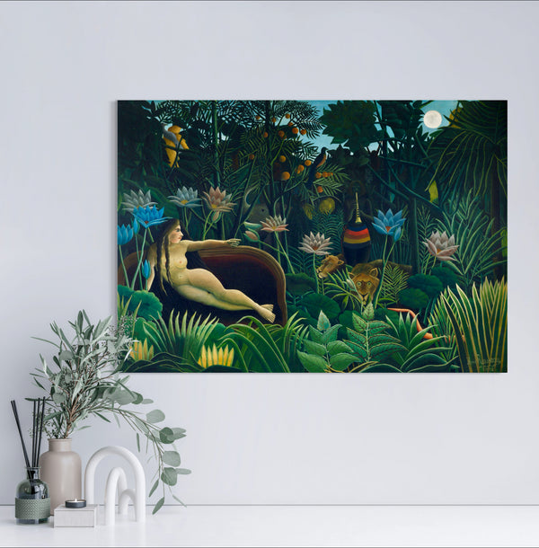 The Dream - Painted by Henri Rousseau - Circa. 1910. High Quality Polyester Cotton Canvas Print. Ready to be Framed or Mounted. Available in One Large Size. 70cm X 100cm. Stretched Canvas Option Available in One (1) Large Size - 70cm x 100cm.