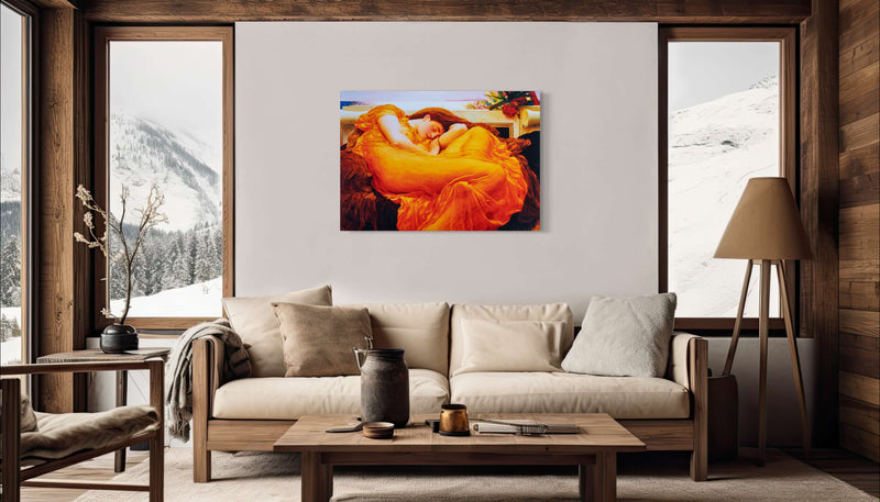 Flaming June - Painted by Frederic Leighton - Circa. 1895. High Quality Polyester Cotton Canvas Print. Rolled Canvas Available in 3 Sizes - Small, Medium, or Large. Stretched Canvas Option Available in One (1) Large Size - 70cm x 100cm.