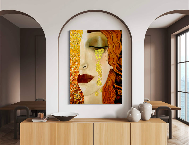 Golden Tears - Painted by Gustav Klimt/Marie Zilberman - Circa. 1888. High Quality Polyester Cotton Canvas Print. Rolled Canvas Available in 3 Sizes - Small, Medium, or Large. Stretched Canvas Option Available in One (1) Large Size - 70cm x 100cm.