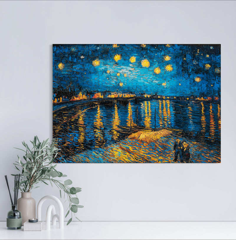 A Starry Night - Painted by Vincent Van-Gogh - Circa. 1888. High Quality Polyester Cotton Canvas Print. Rolled Canvas Available in 3 Sizes - Small, Medium, or Large. Stretched Canvas Option Available in One (1) Large Size - 70cm x 100cm.