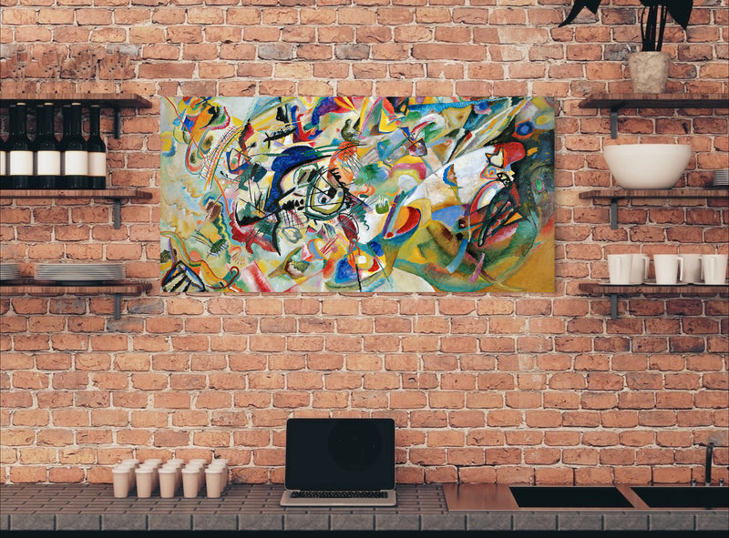 Composition VII - Painted by Wassily Kandinsky - Circa. 1913. High Quality 'Stretched' Polyester Cotton Canvas Print. Mounted on Wooden Inner Frame. Ready to Hang. Available in One (1) Large Size - 50cm x 100cm.