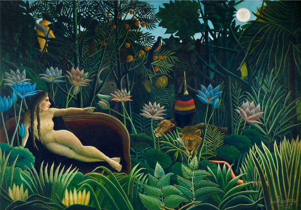 The Dream - Painted by Henri Rousseau - Circa. 1910. High Quality Polyester Cotton Canvas Print. Ready to be Framed or Mounted. Available in One Large Size. 70cm X 100cm. Stretched Canvas Option Available in One (1) Large Size - 70cm x 100cm.