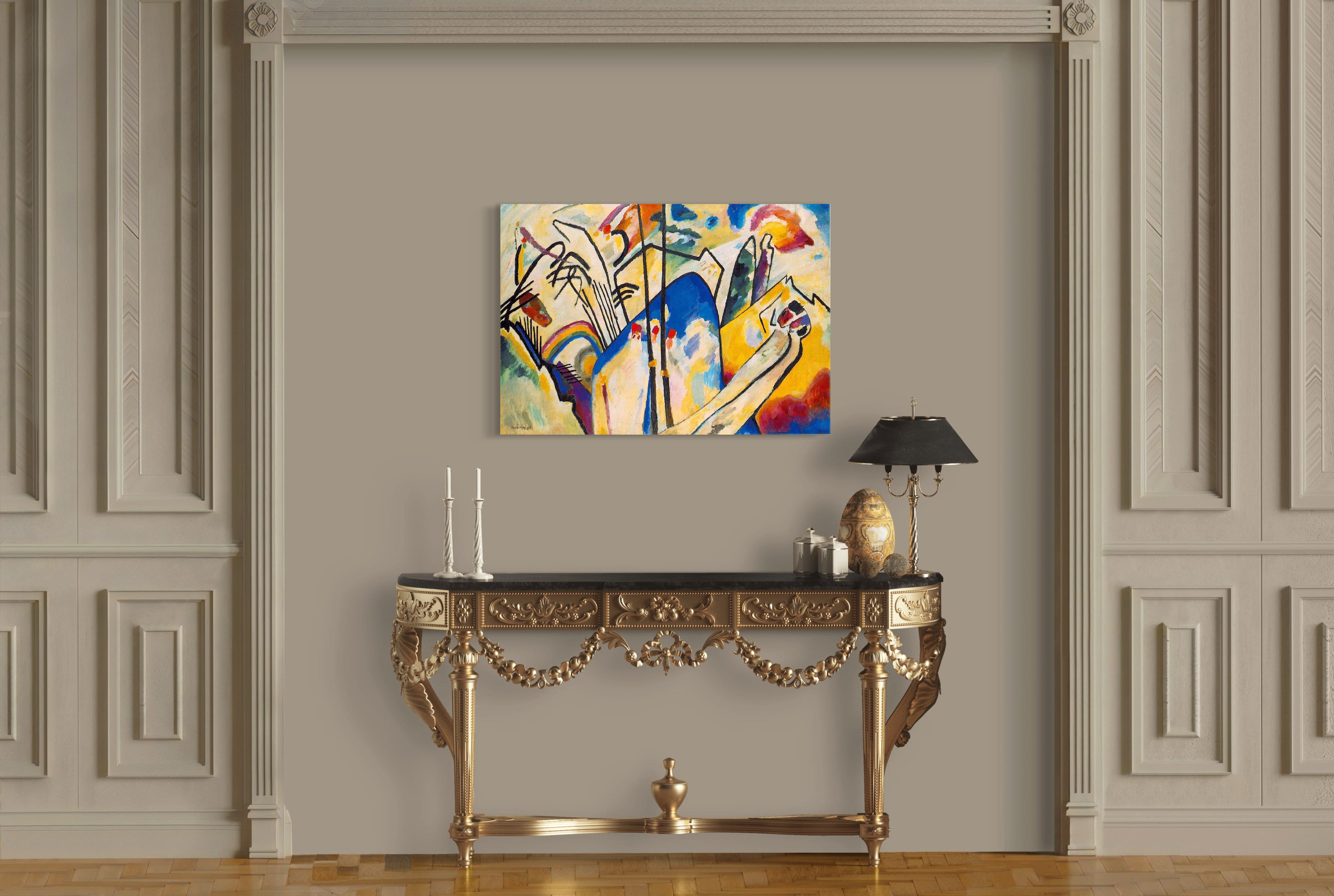 Composition IV - Painted by Wassily Kandinsky - Circa. 1913. High Quality Polyester Cotton Canvas Print. Ready to be Framed. Available in Two Sizes - 40cm X 60cm & 70cm x 100cm.