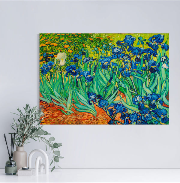 Irises - Painted by Vincent Van Gogh - Circa. 1890. High Quality Polyester Cotton Canvas Print. Rolled Canvas Available in 3 Sizes - Small, Medium, or Large. Stretched Canvas Option Available in One (1) Large Size - 70cm x 100cm.