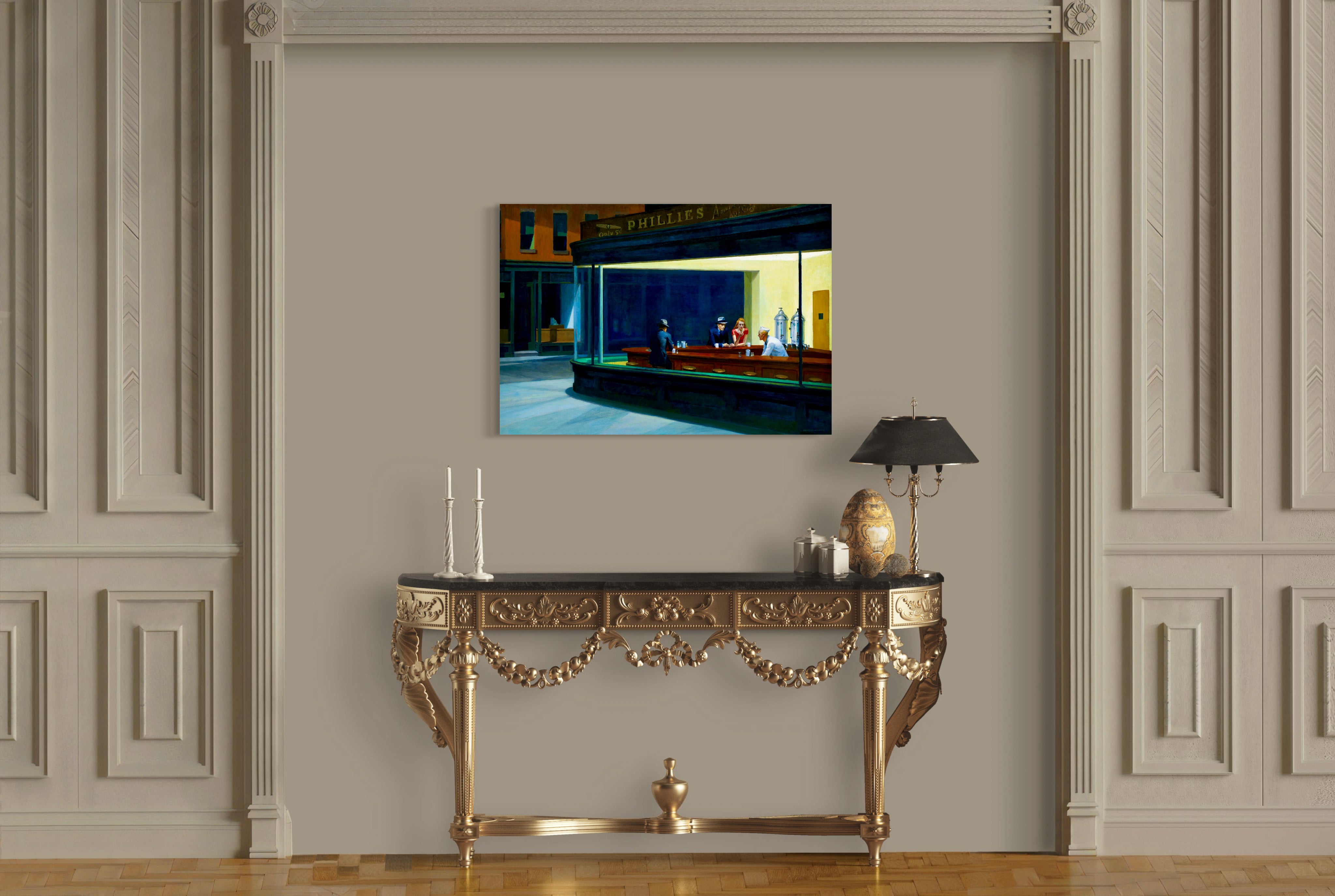 Nighthawks - Painted by Edward Hopper - Circa. 1942. High Quality Polyester Cotton Canvas Print. Rolled Canvas Available in 3 Sizes - Small, Medium, or Large. Stretched Canvas Option Available in One (1) Large Size - 70cm x 100cm.